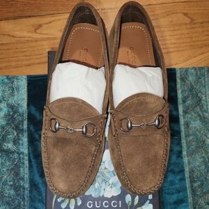 Gucci Women's Horsebit Suede Loafers Moccasins Tan Brown Size 38.5